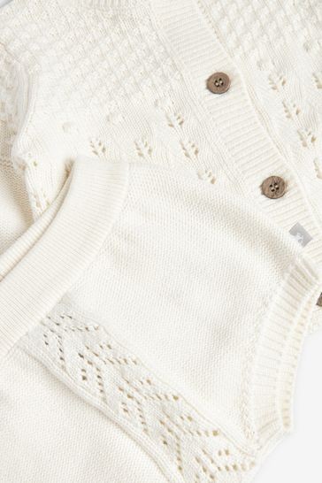 The Little Tailor Cream Knitted Cardigan, Bonnet And Bloomers 3 Piece Baby Set