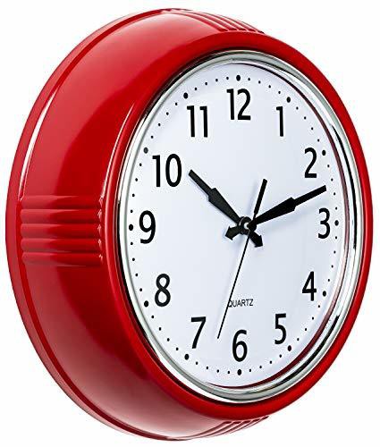 Bernhard Products Retro Wall Clock 9.5 Inch Red Kitchen 50&#39;s Vintage Design Round Silent Non Ticking Battery Operated Quality Quartz Clock