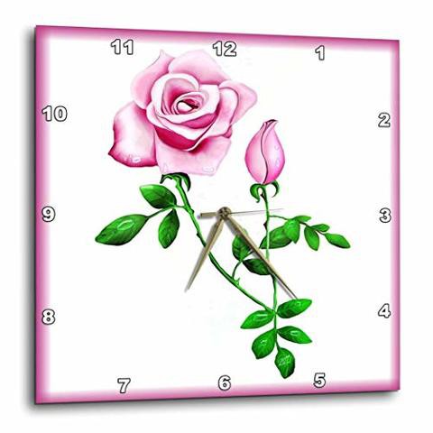 3Drose Dpp_11671_1 This Artwork Features A Pretty Pink Rose With Rosebud Design And Green Leaves On A White Background-Wall Clock, 10 By 10-Inch