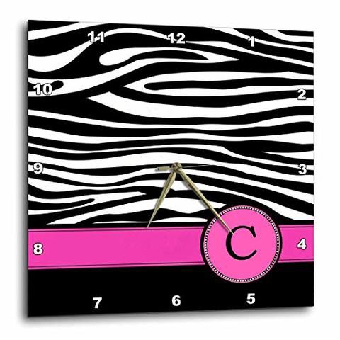 3Drose Dpp_154274_1 Letter C Monogrammed Black And White Zebra Stripes Animal Print With Hot Pink Personalized Initial Wall Clock, 10 By 10&quot;