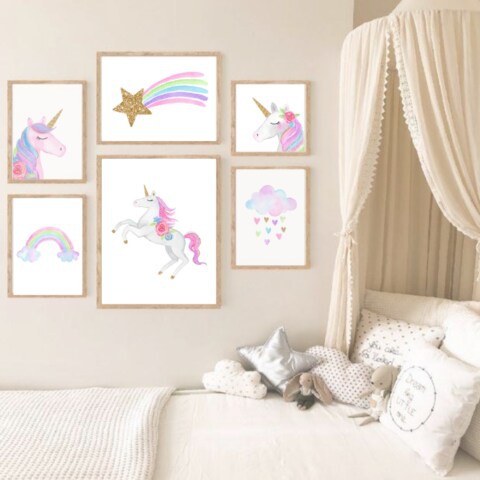 Sweet Pea Set of 6 - Watercolour Unicorn &amp; Cloud Wall Art Prints