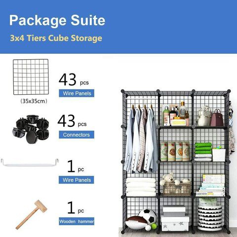 Jj-Boutique Wire Storage Cubes Modular Grid Organizer Customizable Metal Rack Bookcase Bookshelf Multifuncation Shelving Unit, Black, 1 Hanger &amp; 9 Cubes