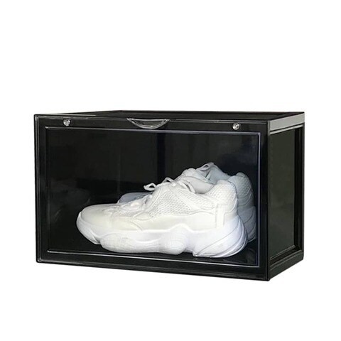 Premium Side Open Shoe Box - transparent storage box with magnetic door (1 Pack, Black)