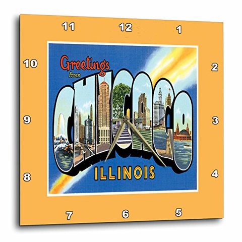 3Drose Greetings From Chicago Scenic Colorful Postcard Reproduction Wall Clock, 13 By 13&quot;