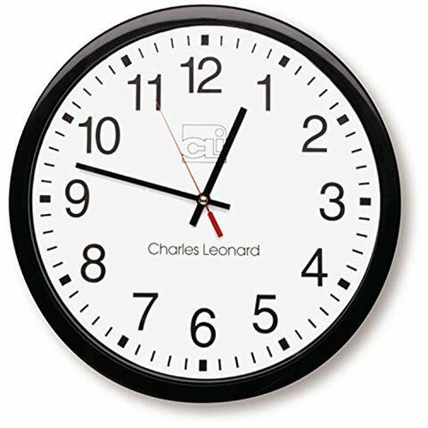 Charles Leonard Wall Clock, 14 Inch Thinline Quartz With 12 Inch Dial, Black/White (76820)