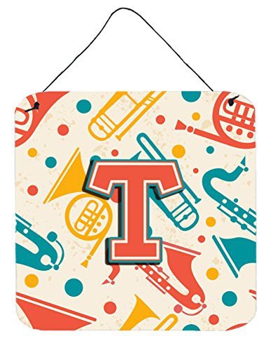 Caroline&#39;s Treasures Letter T Retro Teal Orange Musical Instruments Initial With Wall Or Door Hanging Prints, 6 X 6