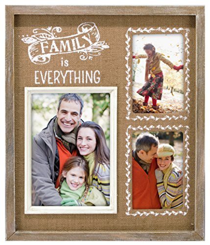 Malden International Designs Burlap Wall Sentiments Silkscreened &quot;Family Is Everything&quot; Picture Frame, 3 Option, 2-3.5X5 &amp; 1-5X7, Tan