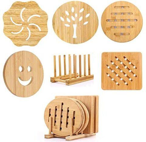 Generic Kitchen Natural Bamboo Hot Plates Pad Rack Household Table Dish Rack Plates Shelf Set Of 5