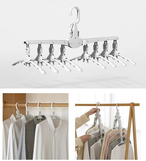 RoyalPolar 8 in 1 White Magic Plastic Hangers，360 Degrees Rotate Slip Resistant Standard Clothing Hanger，Foldable Travel Portable Hanger (Main hanger)