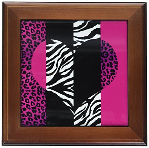 3Drose Ft_35437_1 Pink Black And White Animal Print-Leopard And Zebra Heart-Framed Tile, 8 By 8-Inch