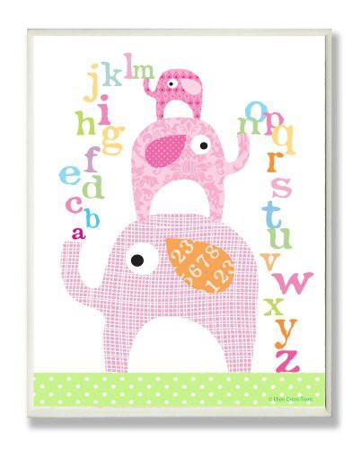 The Kids Room By Stupell Pink Elephants With Alphabet Rectangle Wall Plaque, 11 X 0.5 X 15, Proudly Made In Usa