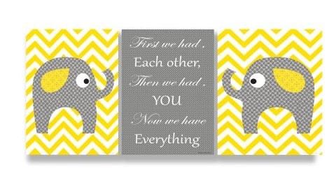 The Kids Room By Stupell Grey Elephants On Yellow Chevron Now We Have You 3-Pc. Rectangle Wall Plaque Set, 11 X 0.5 X 15, Proudly Made In Usa