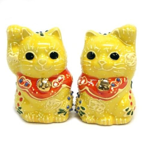 Kutani Japanese Pair Maneki Neko Lucky Cats Yellow Ceramic