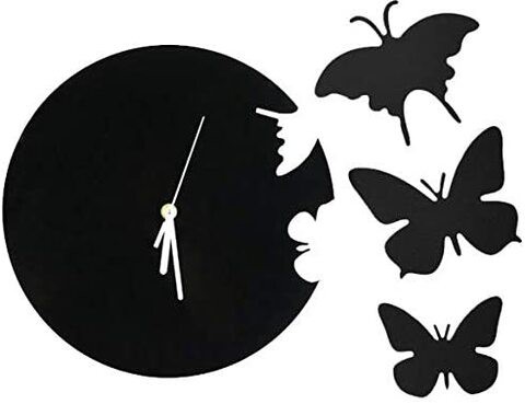 Generic Mela Black Clock With Butterfly Wall Sticker