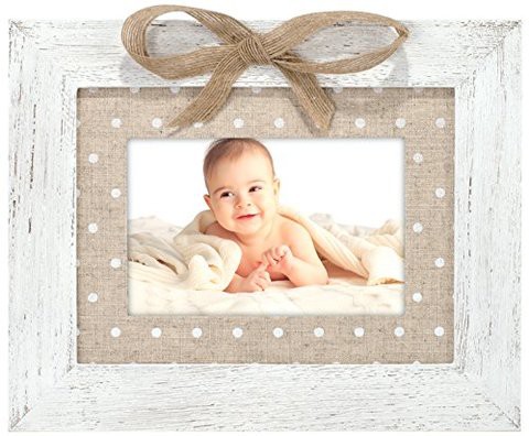 Malden International Designs Burlap Dots With Printed Burlap Mat And Bow, Wood Picture Frame, 4X6/6X8, White