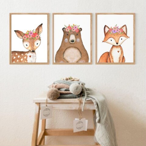 Sweet Pea Set of 3 Wall Art Prints - Woodland Watercolour Animals Fox, Deer &amp; Bear