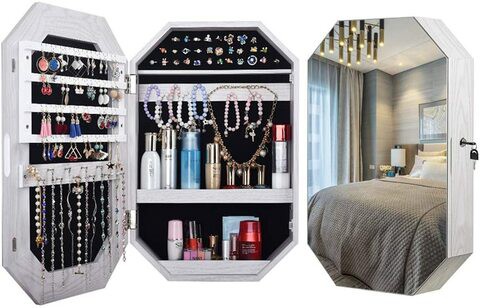 Glz Mirrored Jewelry Cabinet Wall Mounted With Frameless Mirror, Space Saving Jewelry Storage Organizer (Qh-6032)