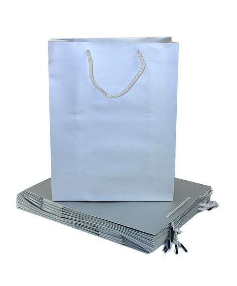 Premium Quality Paper Shopping Bag, 12 Pieces Set with robe Handles-Best for Shopping, Gift, Birthday, Party, Wedding Any Purpose (Size H33 X W26 X D10cm) Color Silver