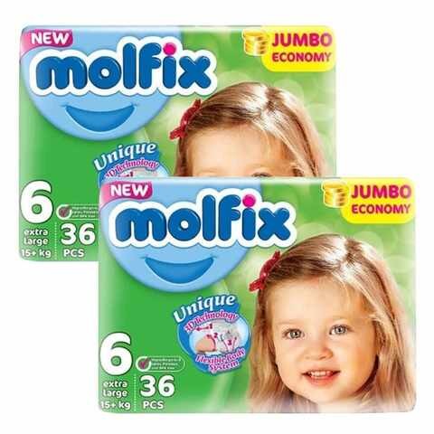Molfix Extra Large Baby Diapers (Size 6), Above 15 kg, 36 Count x 2 packs (72 diapers)
