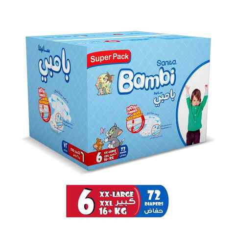 Sanita Bambi Baby Diapers Super Pack Size 6 XX Large +16 KG 72 Count