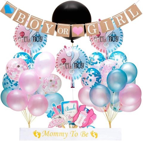 Doreen Baby Shower Party Supplies Kit (64 Pieces) - Including 36 inch Reveal Balloon, Confetti Balloons, Banner, Photo Props & More