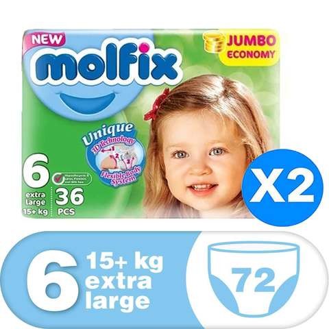 Molfix Extra Large Baby Diapers (Size 6), Above 15 kg, 36 Count x 2 packs (72 diapers)