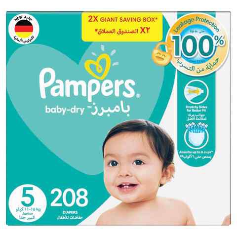 Pampers Baby-Dry Diapers, Size 5, 11-16kg, with Leakage Protection, 208 Baby Diapers