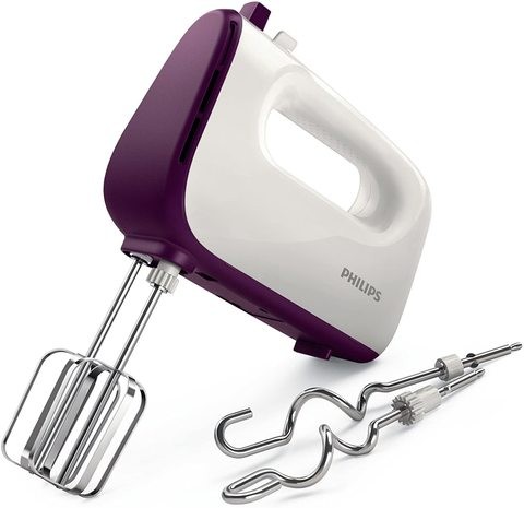 Philips Viva Collection Hand Blender (HR3740/11) - White/Dark Purple, 400 Watts, Stainless Steel Hooks, 5 Speeds + Turbo, Double Beater + Kneading Tool, UAE Version