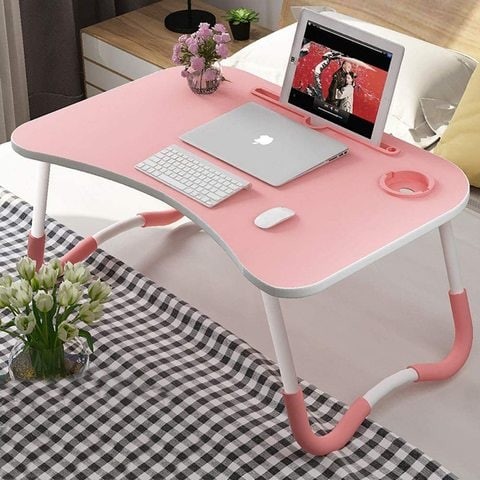 Doreen Folding Bed Table with iPad and Cup Holder and Adjustable Laptop Stand for Watching Movies - Pink