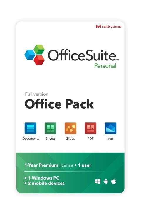 OfficeSuite Personal Compatible with Microsoft® Office Word Excel & PowerPoint® and Adobe PDF for PC Windows 10 8.1 8 7 - 1-year license, 1 user