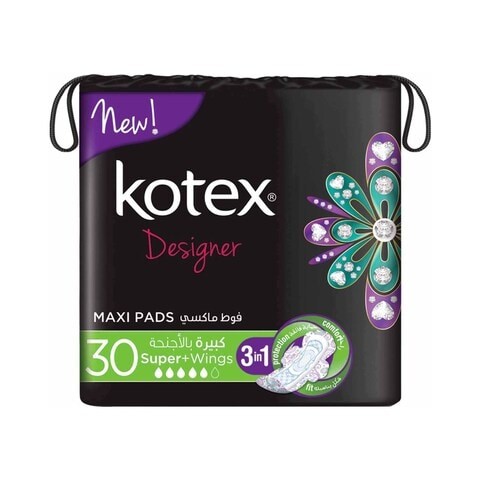 Kotex Super Sanitary Pads + Wings, 30 Pieces