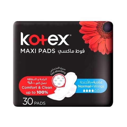 Kotex Maxi Sanitary Pads With Wings, 30 Pieces