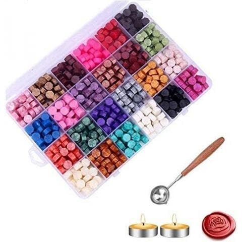 Alyssa 600 Pieces Sealing Wax Beads Set, 2 Pieces Tea Candles Wax Melting Spoon for Sealing Wax Beads (24 Colors)