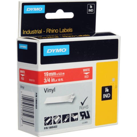 Dymo vinyl tape 19 mm, white on red