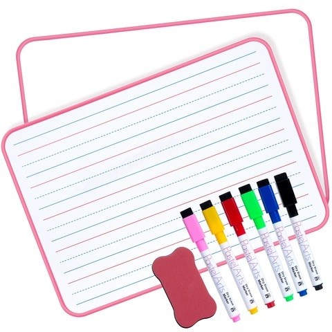 Pastel Arts Double Sided whiteboard with markers and eraser, lined/blank, A4, Non Magnetic, Pink Frame