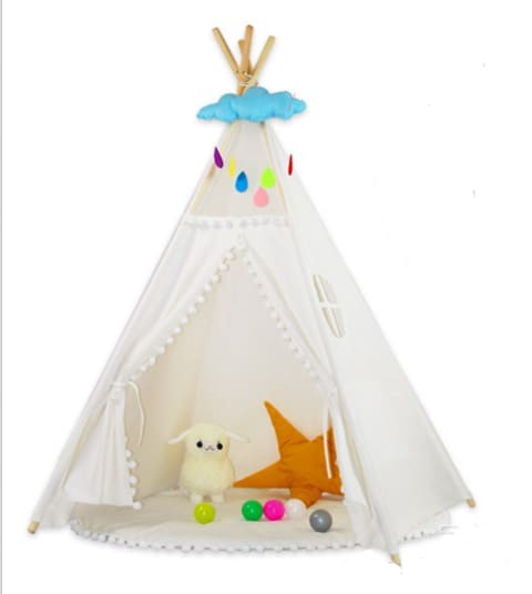 Canvas Teepee Cotton Portable Foldable Kids Play Tent Indoor Outdoor Play Tent With Window (White)