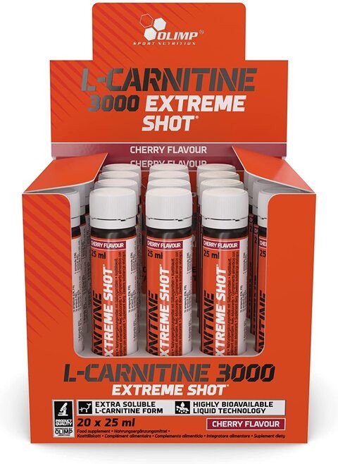 Olimp Labs L-Carnitine 3000 Extreme Shots, Cherry Flavor, Pack of 20 Ampoules