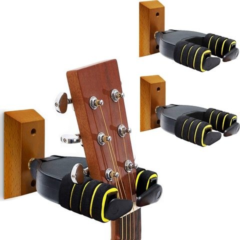 Set of 3 Wall Mounted Solid Wood Base Guitar Hangers with Hooks (Auto-Lock Wood Guitar Hanger 3/Pack, Black)