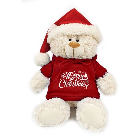 Caravan - 38" Cream Bear Soft Toy with Santa hat and hoodie with Merry Christmas print.