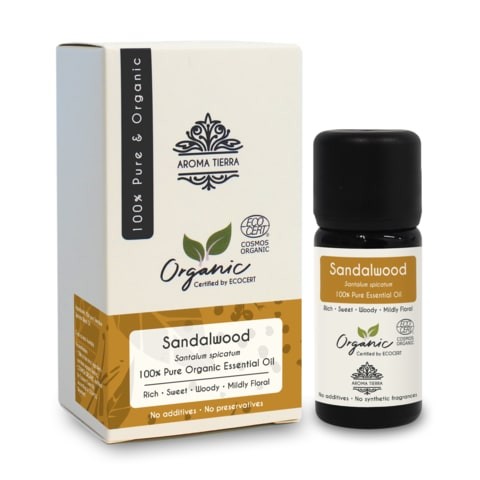 Aroma Tierra Sandalwood Essential Oil - 100% Pure, Natural, Ecocert Certified Organic - 10ml