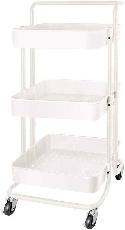 Orchid 3-Tier Multiuse Kitchen Organizer Rack Storage Trolleys Removable Storage Tower Rack Bathroom Shelf with Wheels and armrest Slim Rolling Storage Rack | Rolling Cart with Wheels Handle (White)