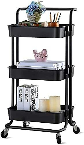 Orchid 3-Tier Multi Use Kitchen Organizer Rack عربات تخزين قابلة للإزالة رف برج تخزين رف حمام بعجلات ومسند للذراعين رف تخزين متداول نحيف | عربة بعجلات بمقبض (أسود)