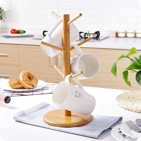 LINGWEI Wooden Mug Holder Tree Removable Bamboo Mug Stand Tea Cup Organizer Hanger Mug Rack for Storage 6 Coffee Cup Coffee Bar Accessories for Home Kitchen