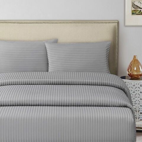 3 Pcs Set Fitted Bed Sheet 150x200cm, 300TC Satin Stripe 100% Cotton, Silver with 2 Pillow Cases