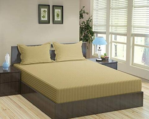 3 Pcs Set Fitted Bed Sheet 200x200cm, 300TC Satin Stripe 100% Cotton, Brown with 2 Pillow Cases