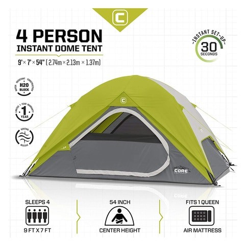 Core 4 Person Instant Tent The Core 4 Person Instant Tent features stress-free setup in 30 seconds