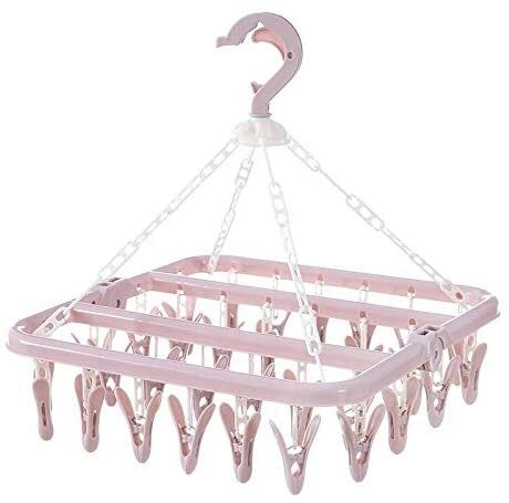 Aiwanto Drying Rack Cloth Drying Clip and Drip with 32 Clips Folding Plastic Laundry Drying Rack Drying Underwear Socks(Pink)