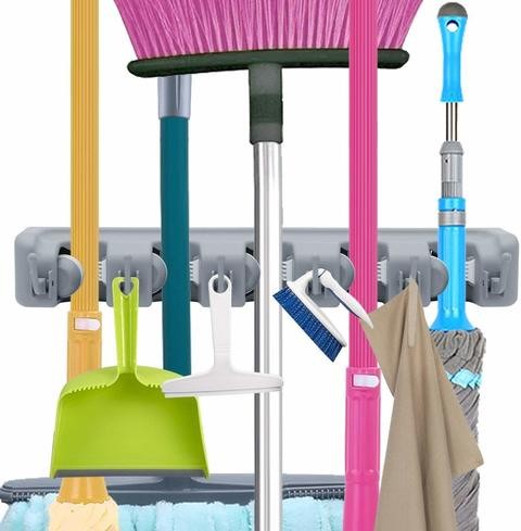 General - Mop & Broom Holder Wall Mounted Storage Organizer Tool, 5 Sections with 6 Hooks