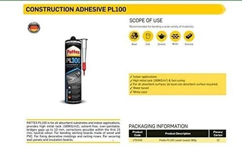 Patex-Pro PL100 (White Construction Adhesive) is a professional, water based silicone sealant adhesive