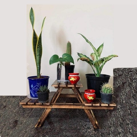 LINGWEI Two Tier Wooden Plant Stand Desktop Succulent Flower Pot Shelf Rack Plant Display Stand Flower Pot Holder Garden Pot